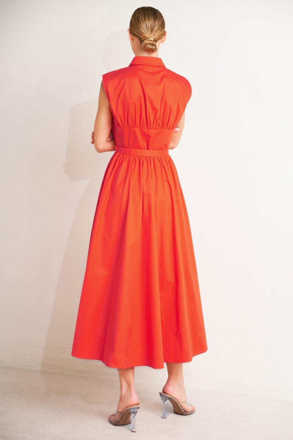 RUNWAY READY SCARLET WOVEN MIDI DRESS Flying Tomato