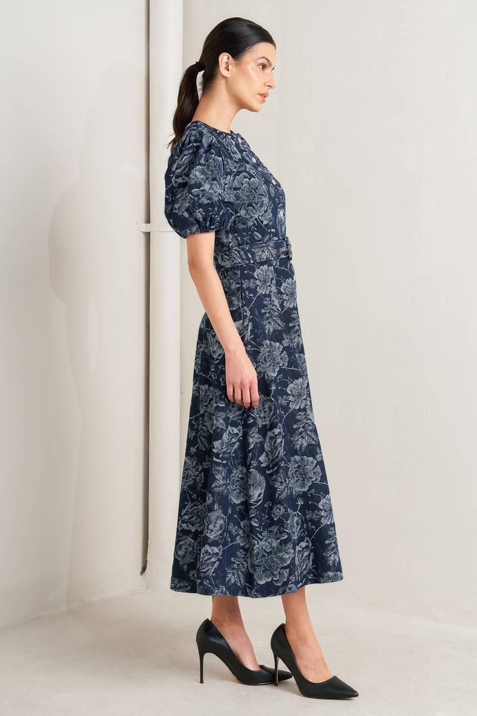 DARK BLOOM JACQUARD DENIM MIDI DRESS Flying Tomato