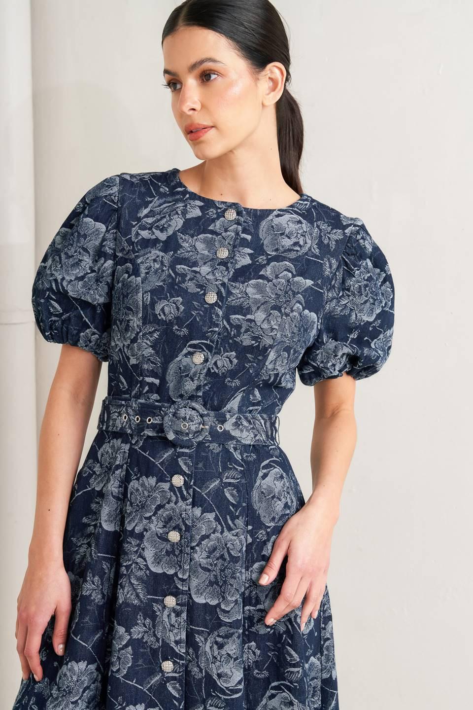 DARK BLOOM JACQUARD DENIM MIDI DRESS Flying Tomato