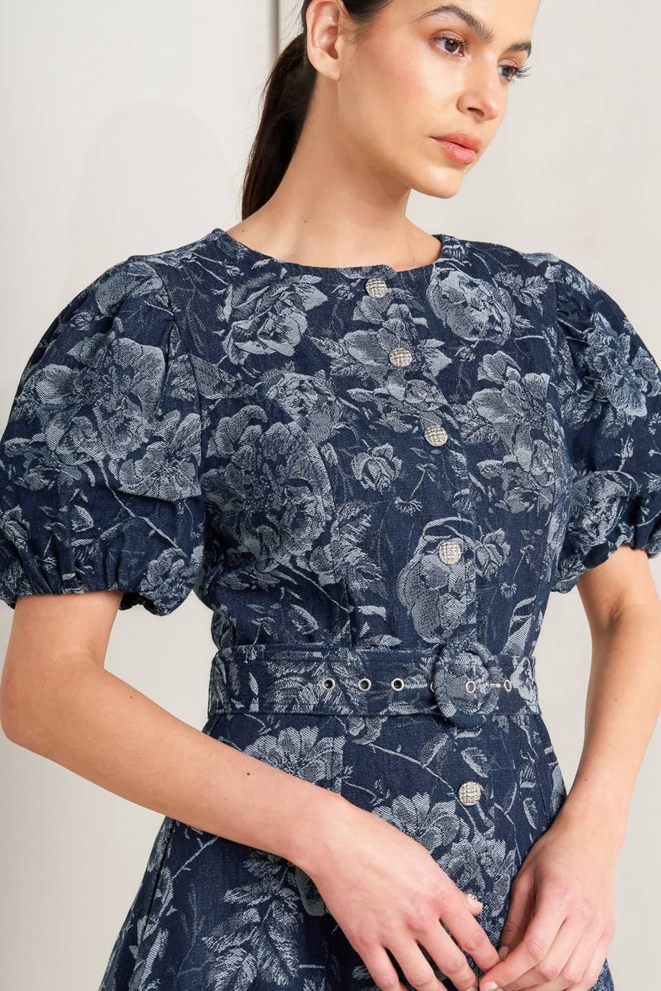 DARK BLOOM JACQUARD DENIM MIDI DRESS Flying Tomato