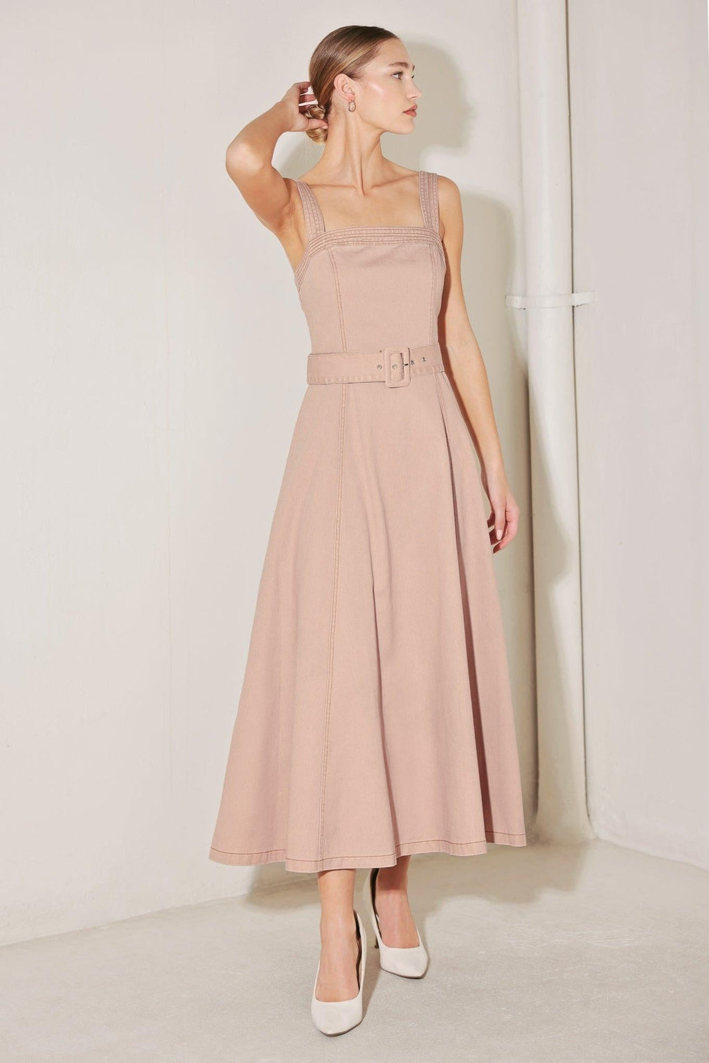 ELEVATED NEUTRAL BLUSH WOVEN MIDI DRESS Flying Tomato