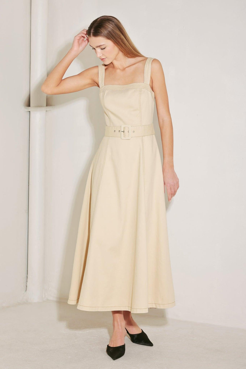 ELEVATED NEUTRAL WOVEN MIDI DRESS Flying Tomato