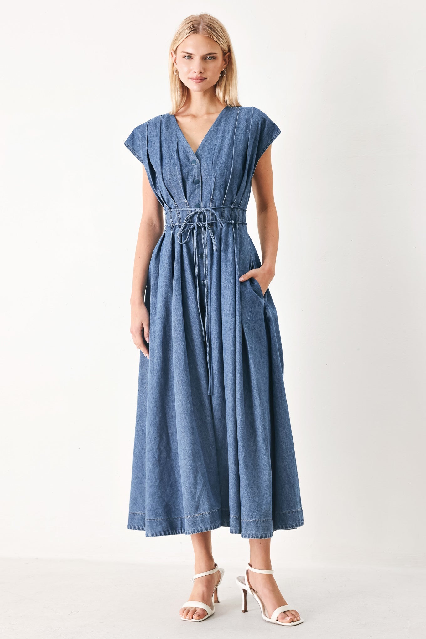 MIDNIGHT FLOW DENIM MIDI DRESS Flying Tomato