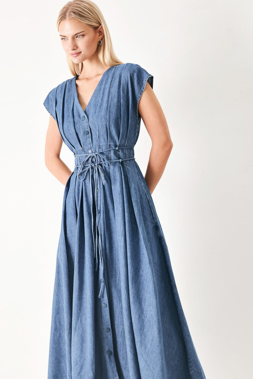 MIDNIGHT FLOW DENIM MIDI DRESS Flying Tomato