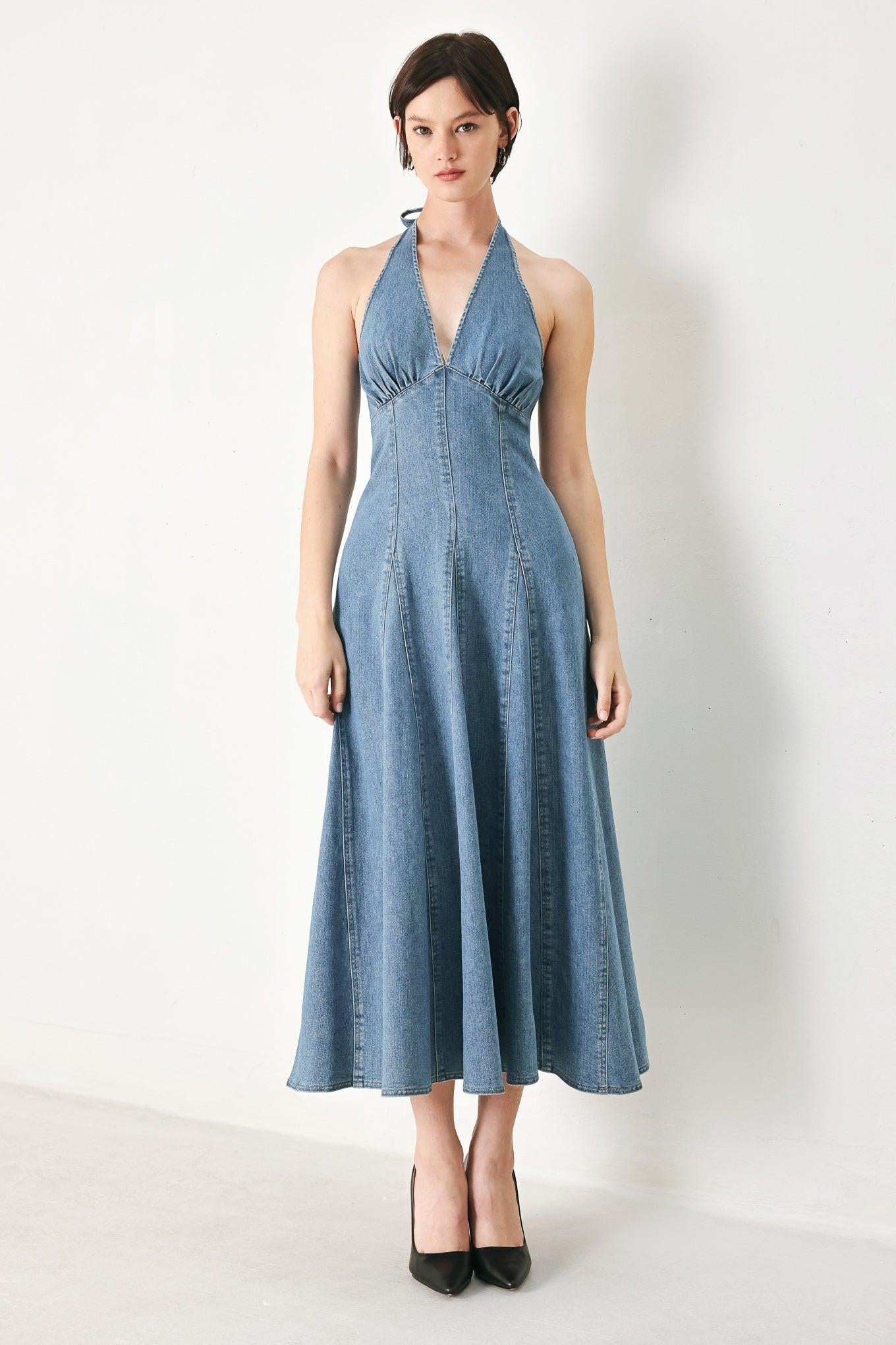 BLUE BLOSSOM DENIM MIDI DRESS Flying Tomato