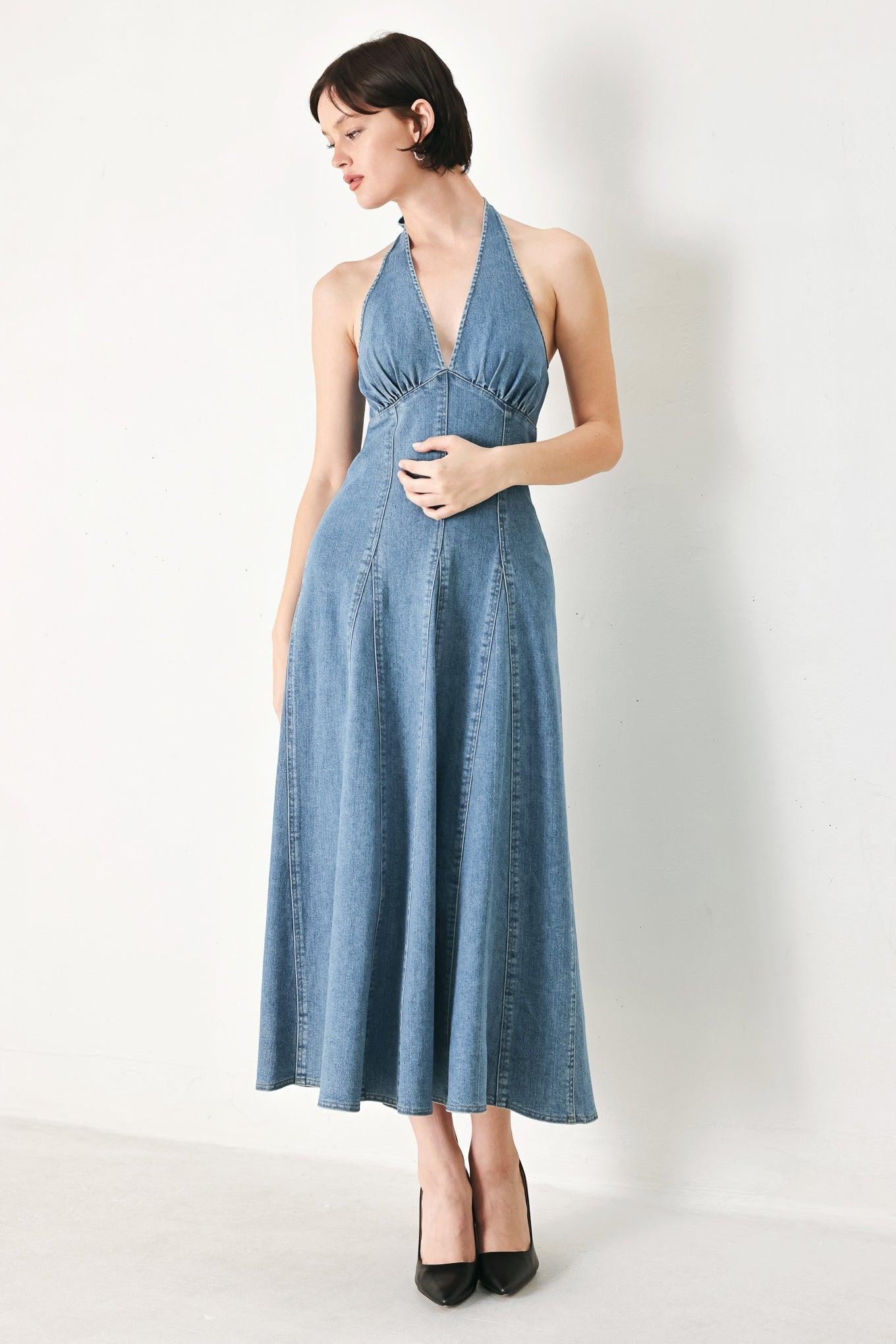 BLUE BLOSSOM DENIM MIDI DRESS Flying Tomato