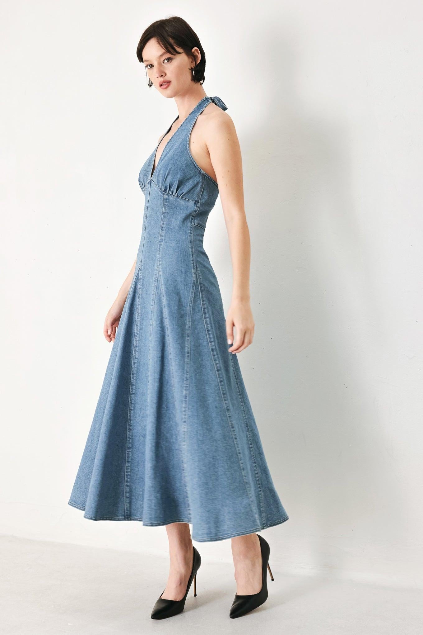 BLUE BLOSSOM DENIM MIDI DRESS Flying Tomato
