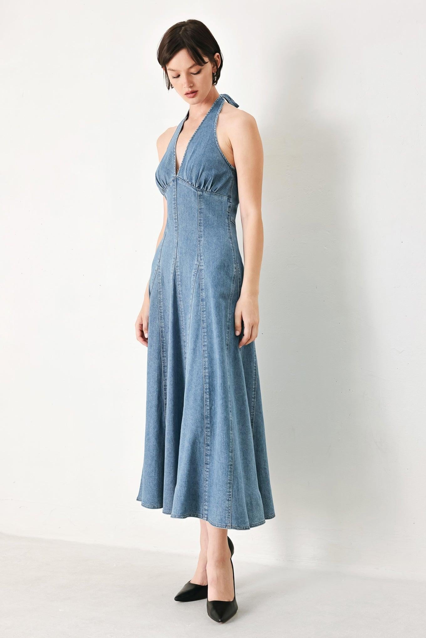 BLUE BLOSSOM DENIM MIDI DRESS Flying Tomato