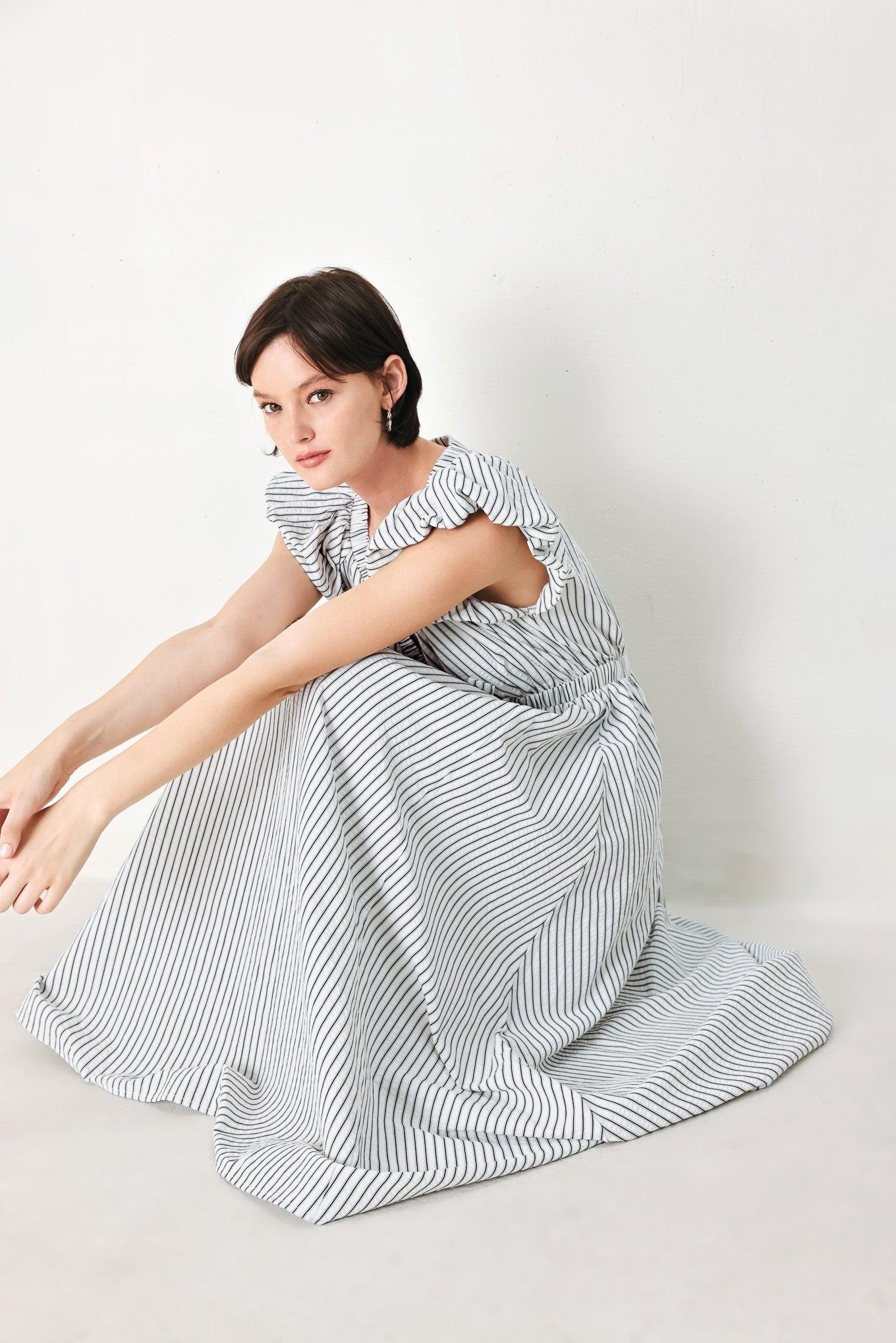 WHISPER STRIPE WOVEN MIDI DRESS Flying Tomato