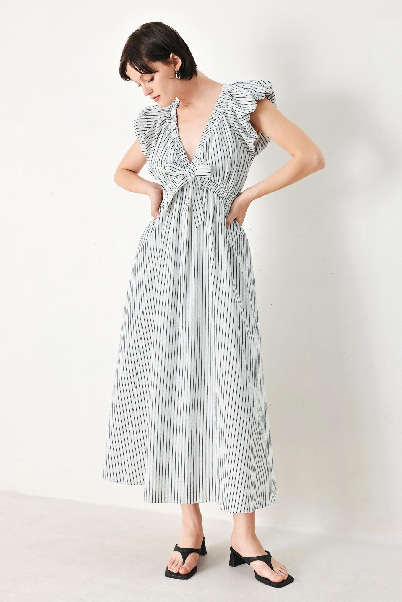 WHISPER STRIPE WOVEN MIDI DRESS Flying Tomato