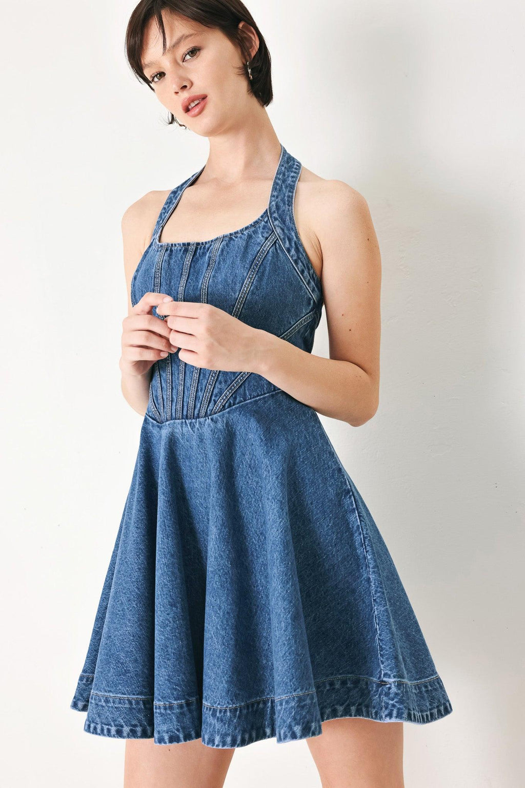 VINTAGE SHAPE DENIM MINI DRESS Flying Tomato
