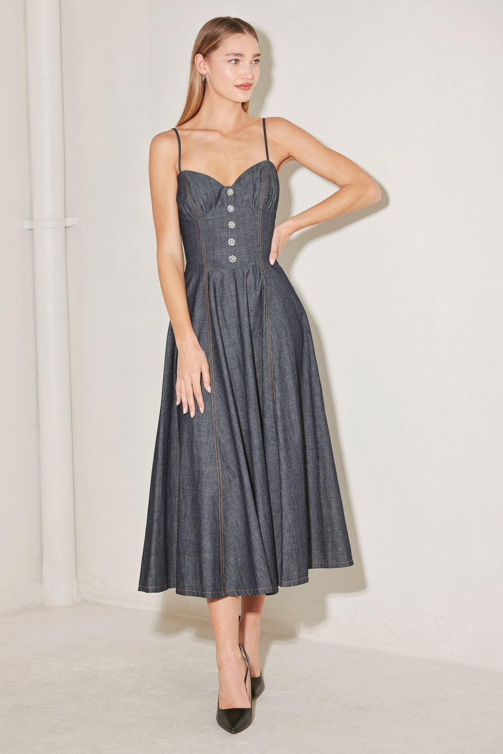 AFTER HOURS SERENADE DENIM MIDI DRESS Flying Tomato