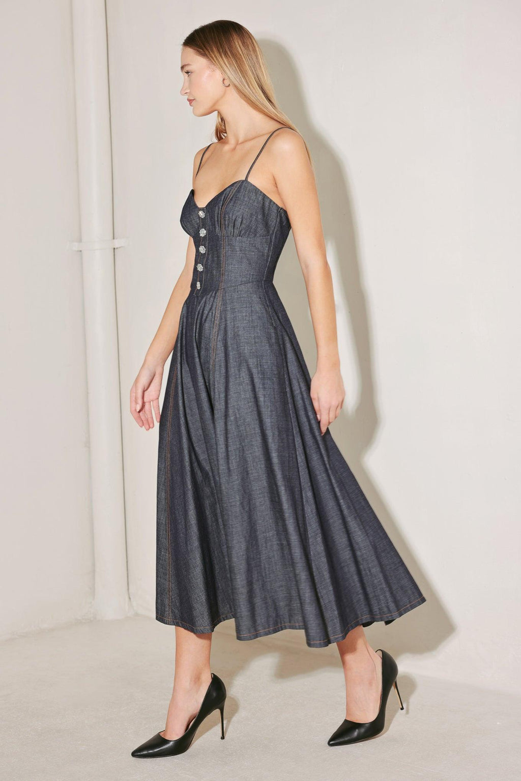 AFTER HOURS SERENADE DENIM MIDI DRESS Flying Tomato