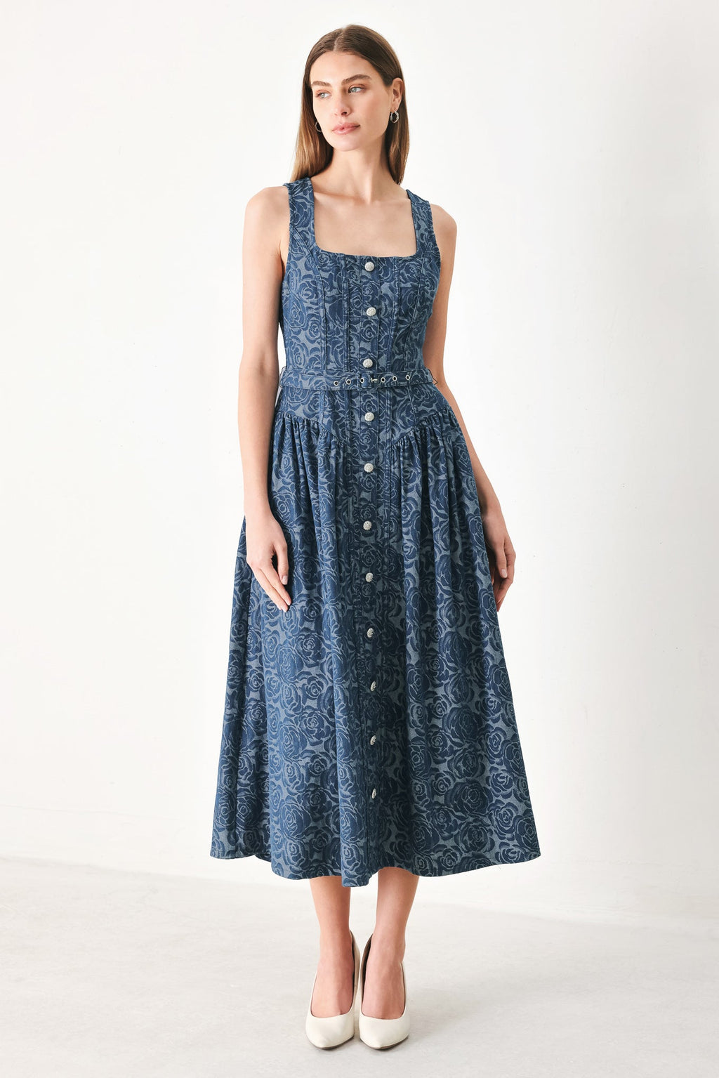MIDNIGHT GARDEN DENIM MIDI DRESS Flying Tomato