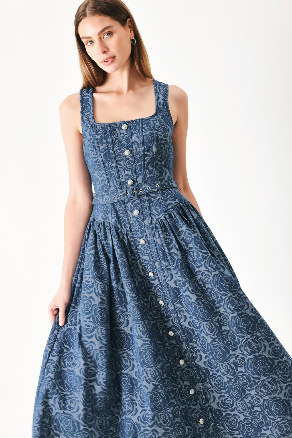 MIDNIGHT GARDEN DENIM MIDI DRESS Flying Tomato
