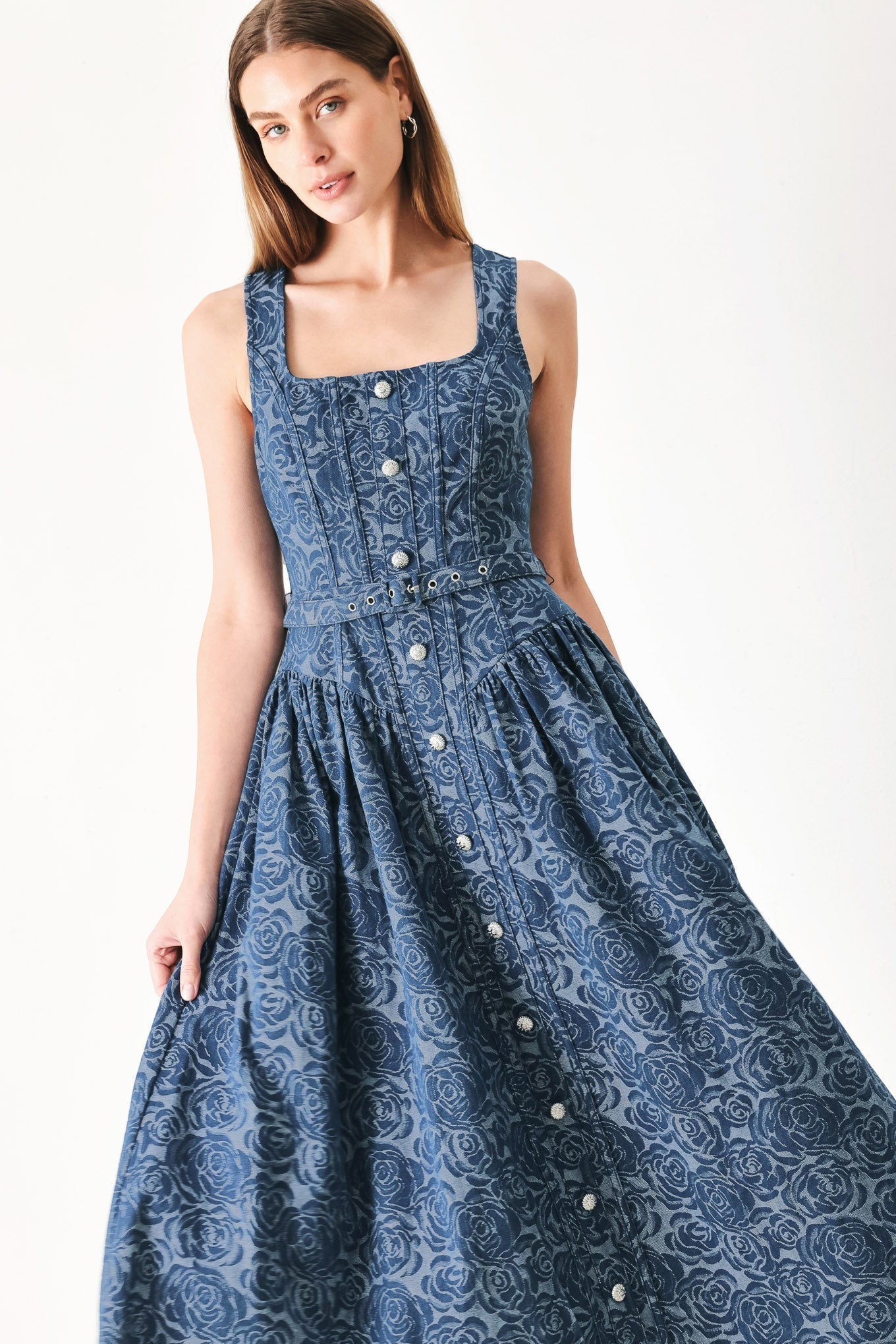 MIDNIGHT GARDEN DENIM MIDI DRESS Flying Tomato