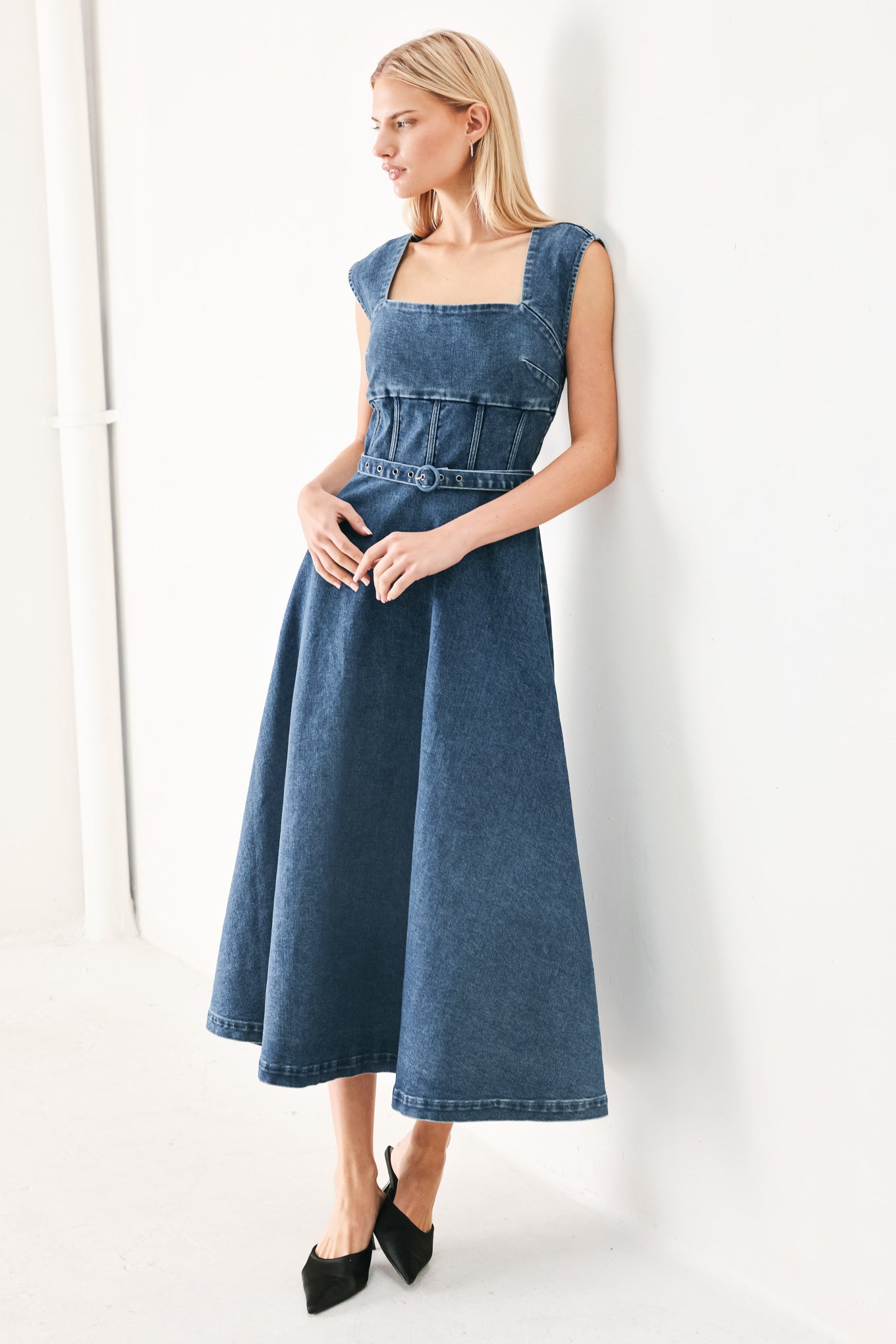 QUIET MUSE DENIM MIDI DRESS Flying Tomato