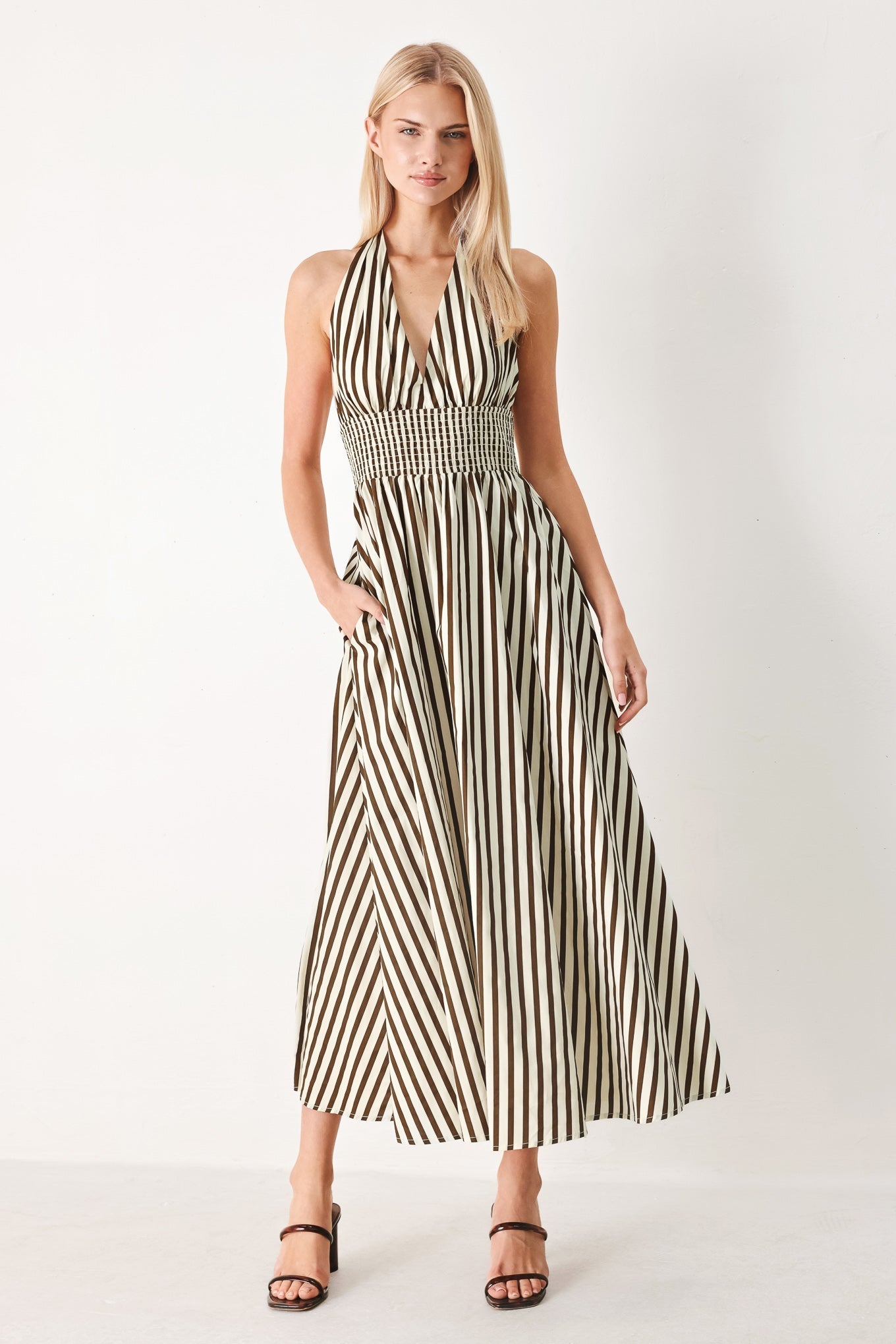 VACATION LINE STRIP WOVEN MIDI DRESS Flying Tomato