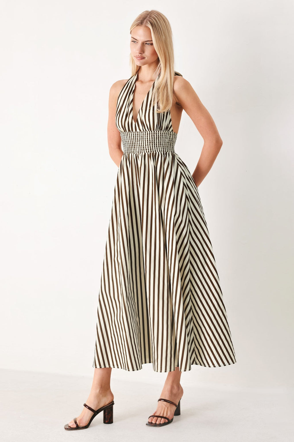 VACATION LINE STRIP WOVEN MIDI DRESS Flying Tomato