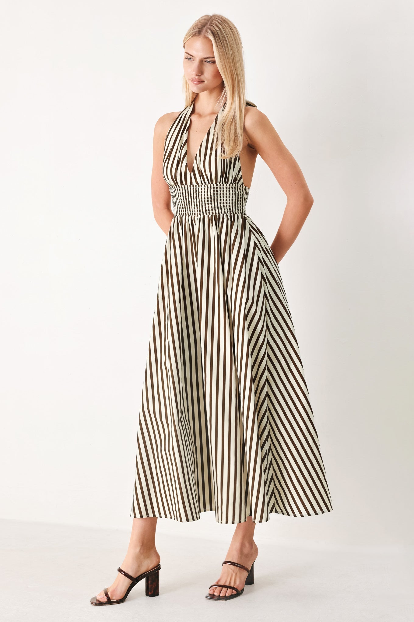 VACATION LINE STRIP WOVEN MIDI DRESS Flying Tomato