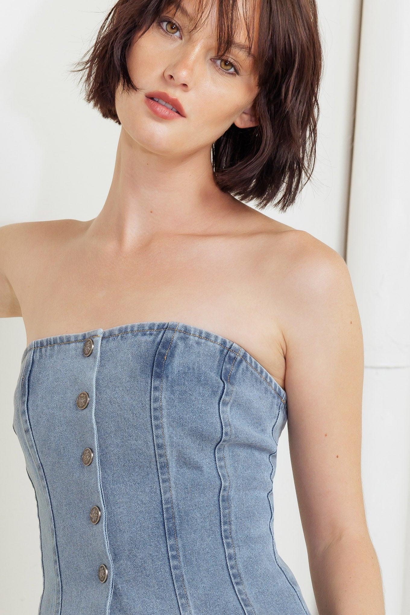 STITCHED SILHOUETTE DENIM TOP Flying Tomato