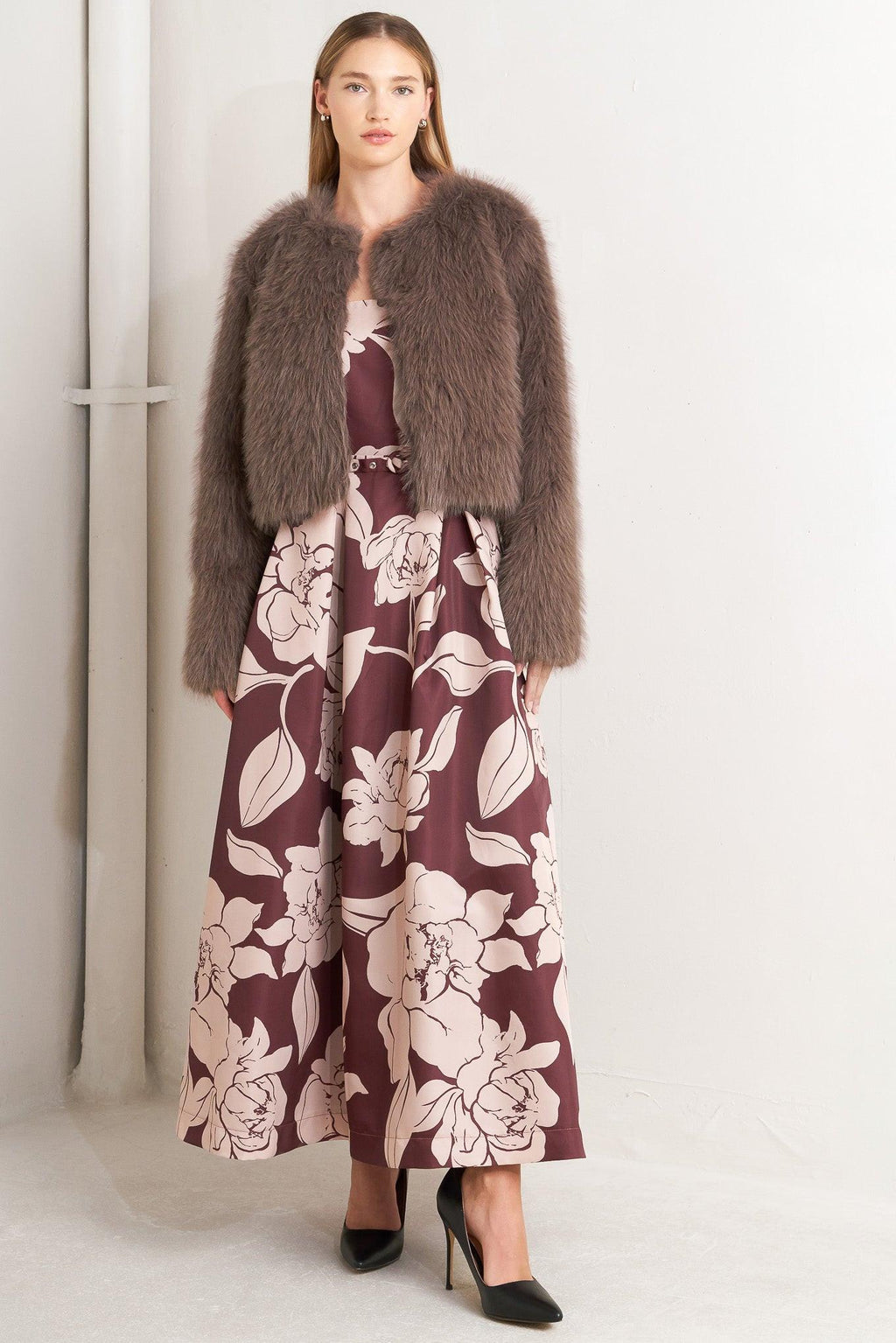 LONDON FLARE MOCHA FAUX FUR CROP JACKET Flying Tomato