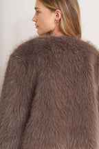 LONDON FLARE MOCHA FAUX FUR CROP JACKET Flying Tomato