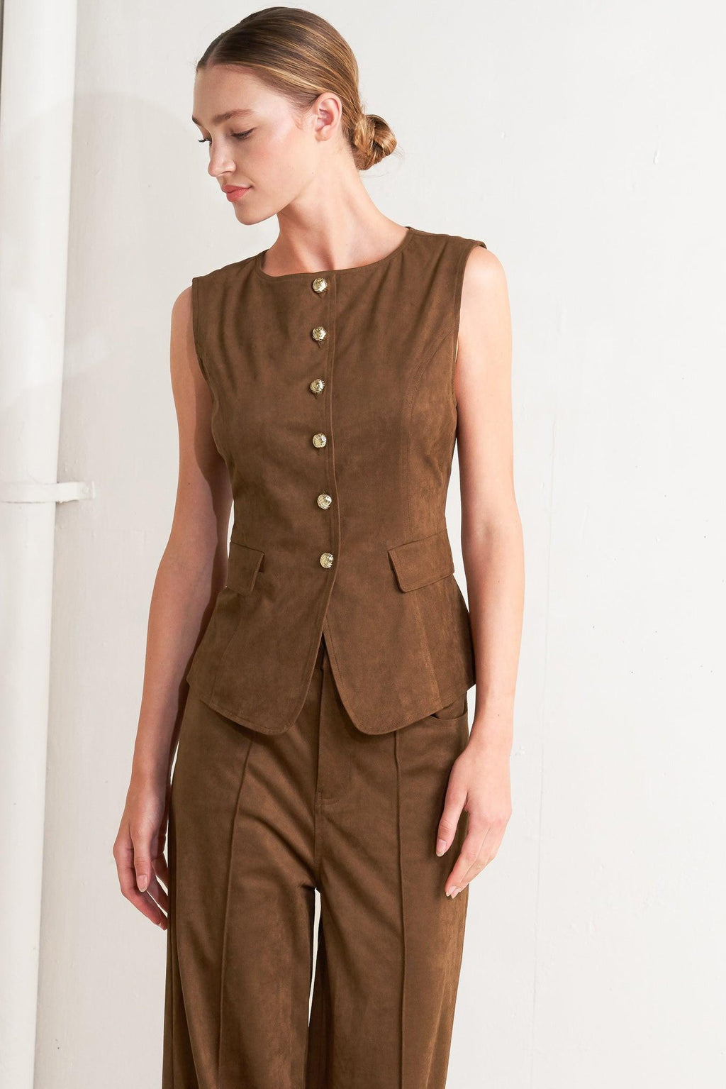 BROWN SUGAR FAUX SUEDE VEST Flying Tomato
