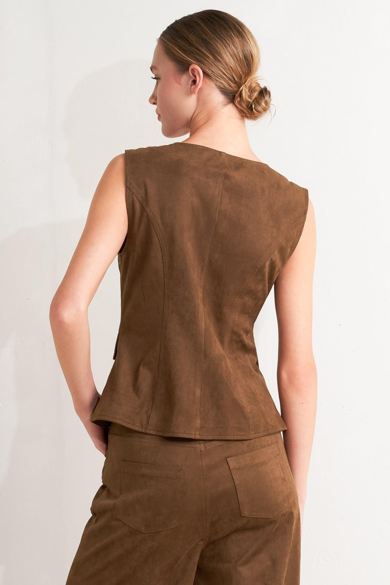 BROWN SUGAR FAUX SUEDE VEST Flying Tomato