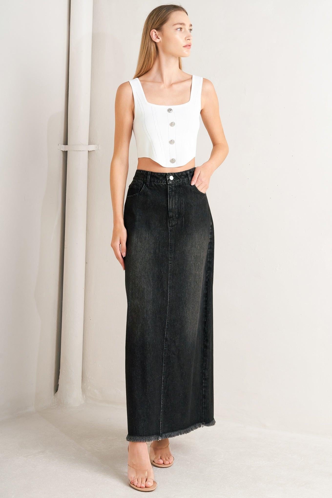 TALK ABOUT BEAUTY DENIM MIDI SKIRT Flying Tomato