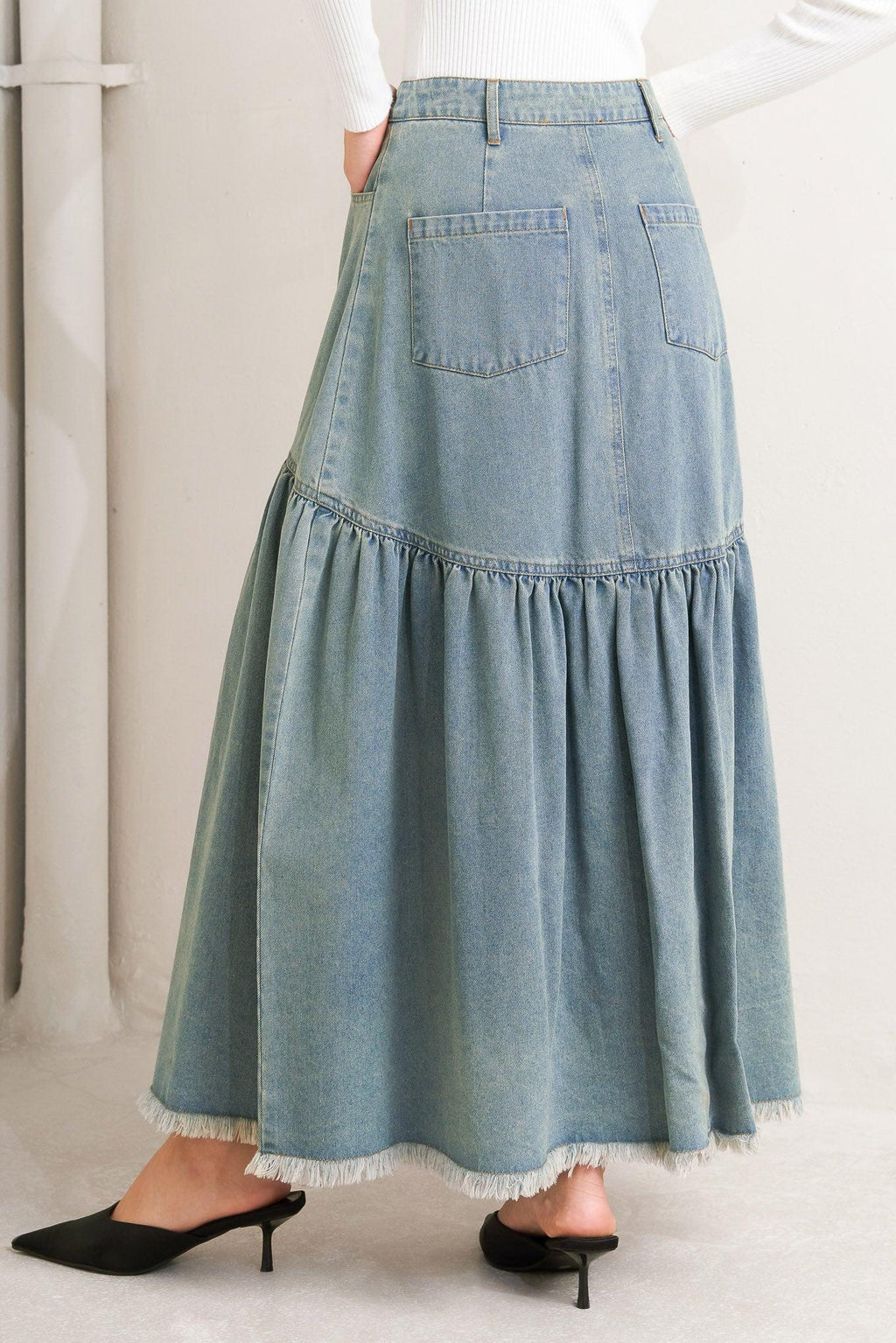 INTRICATE CHARM DENIM MIDI SKIRT Flying Tomato