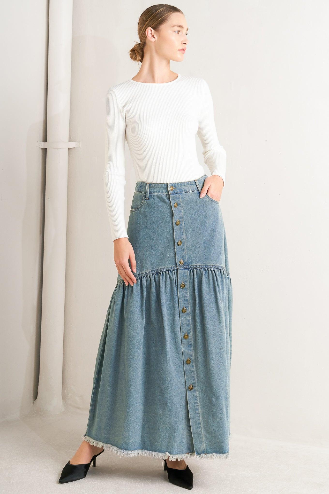 INTRICATE CHARM DENIM MIDI SKIRT Flying Tomato