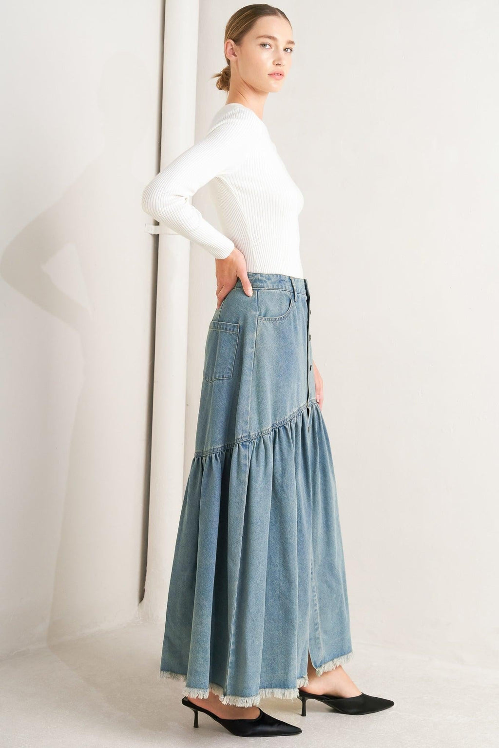 INTRICATE CHARM DENIM MIDI SKIRT Flying Tomato