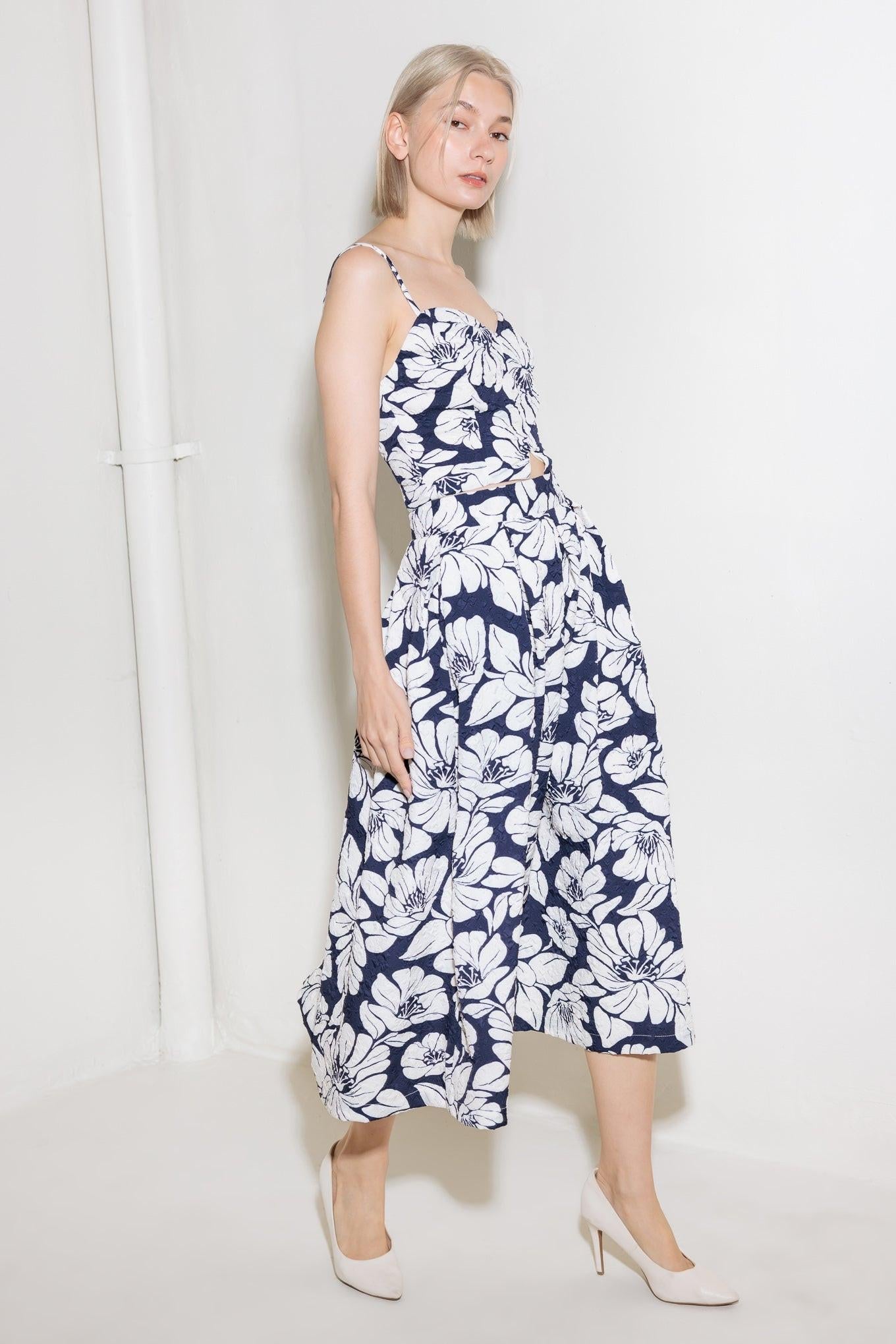 PLAIN OPTIMISM NAVY WOVEN MIDI SKIRT Flying Tomato