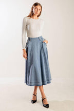 AT FIRST GLANCE DENIM MIDI SKIRT Flying Tomato