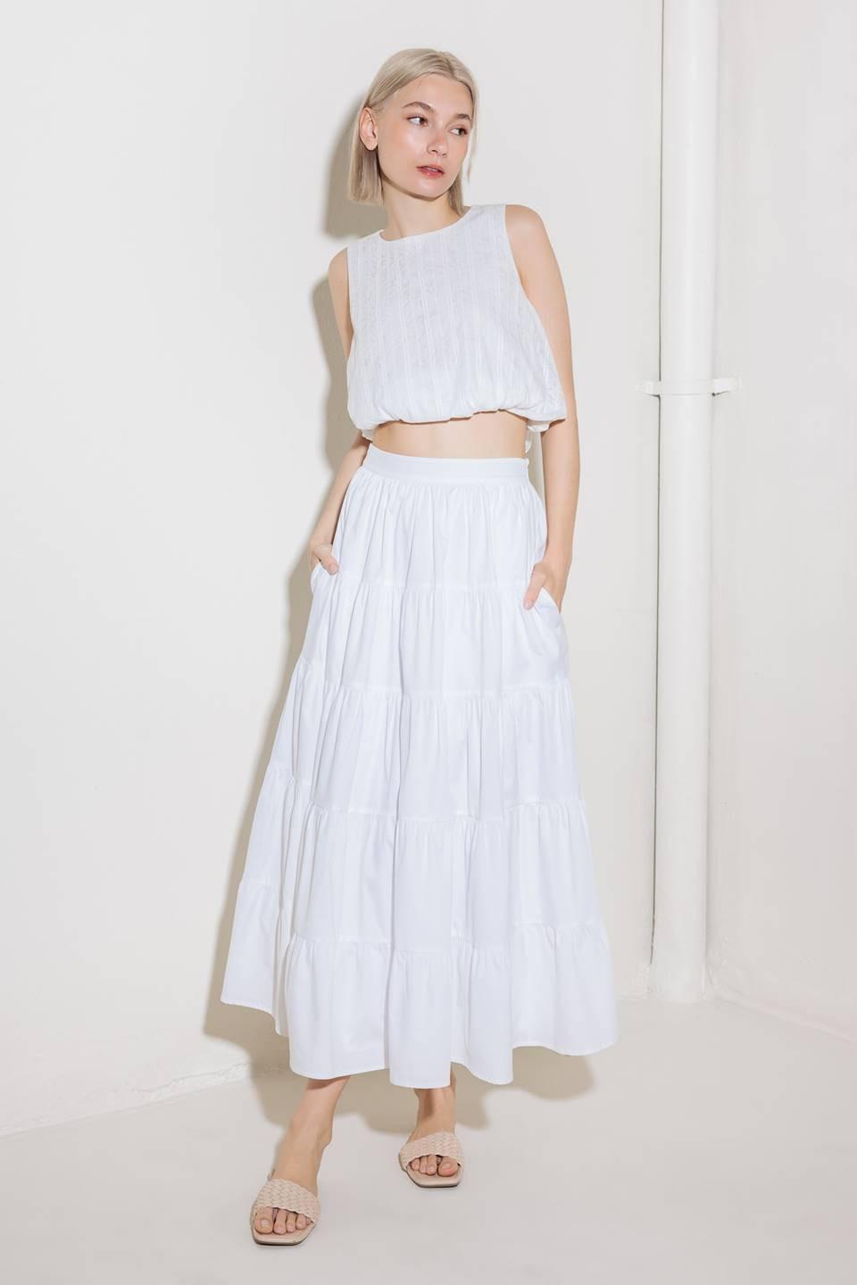 SIMPLY SPELLBOUND WHITE WOVEN FULL MIDI SKIRT Flying Tomato