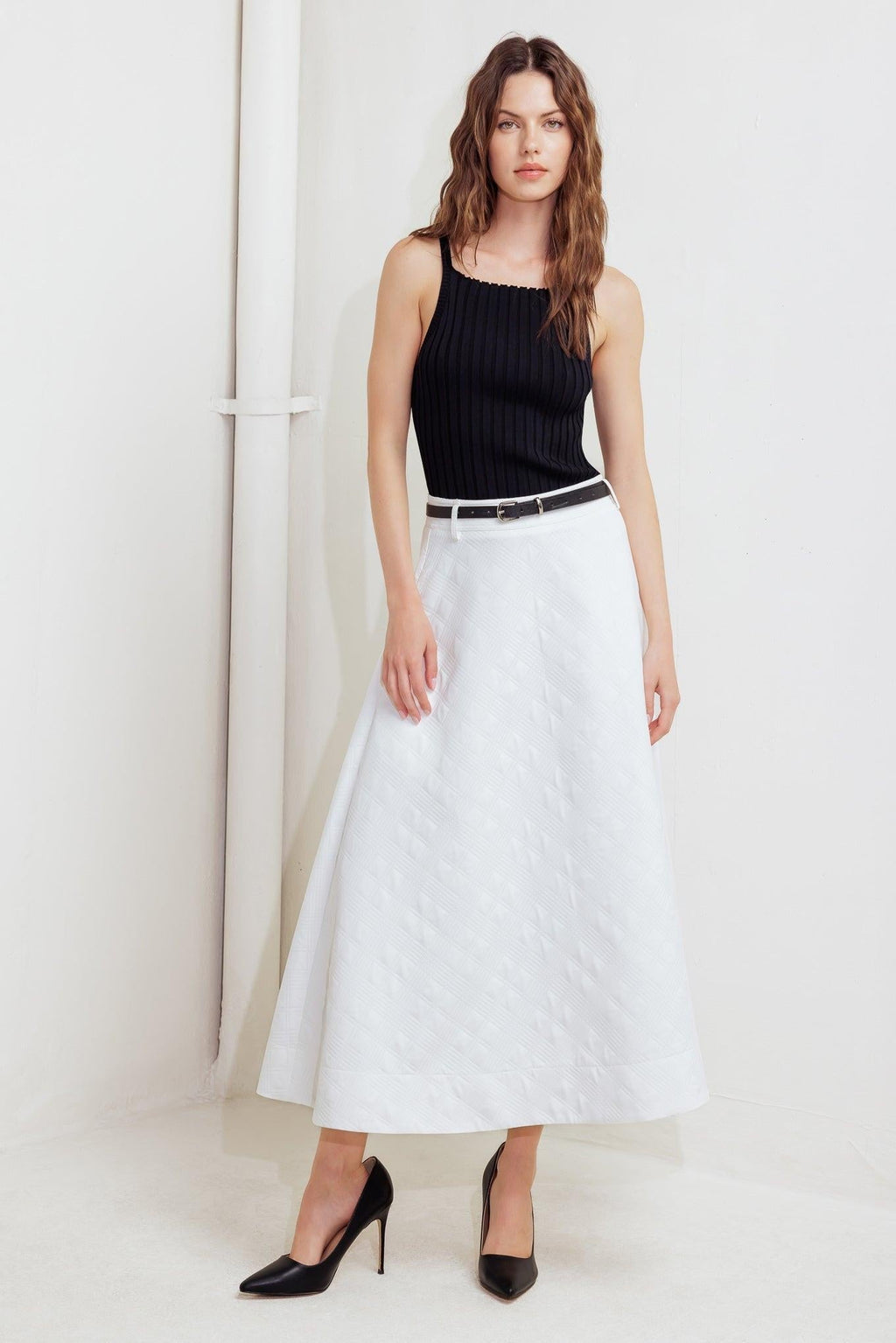 DOWNTOWN EASE WOVEN MIDI SKIRT Flying Tomato