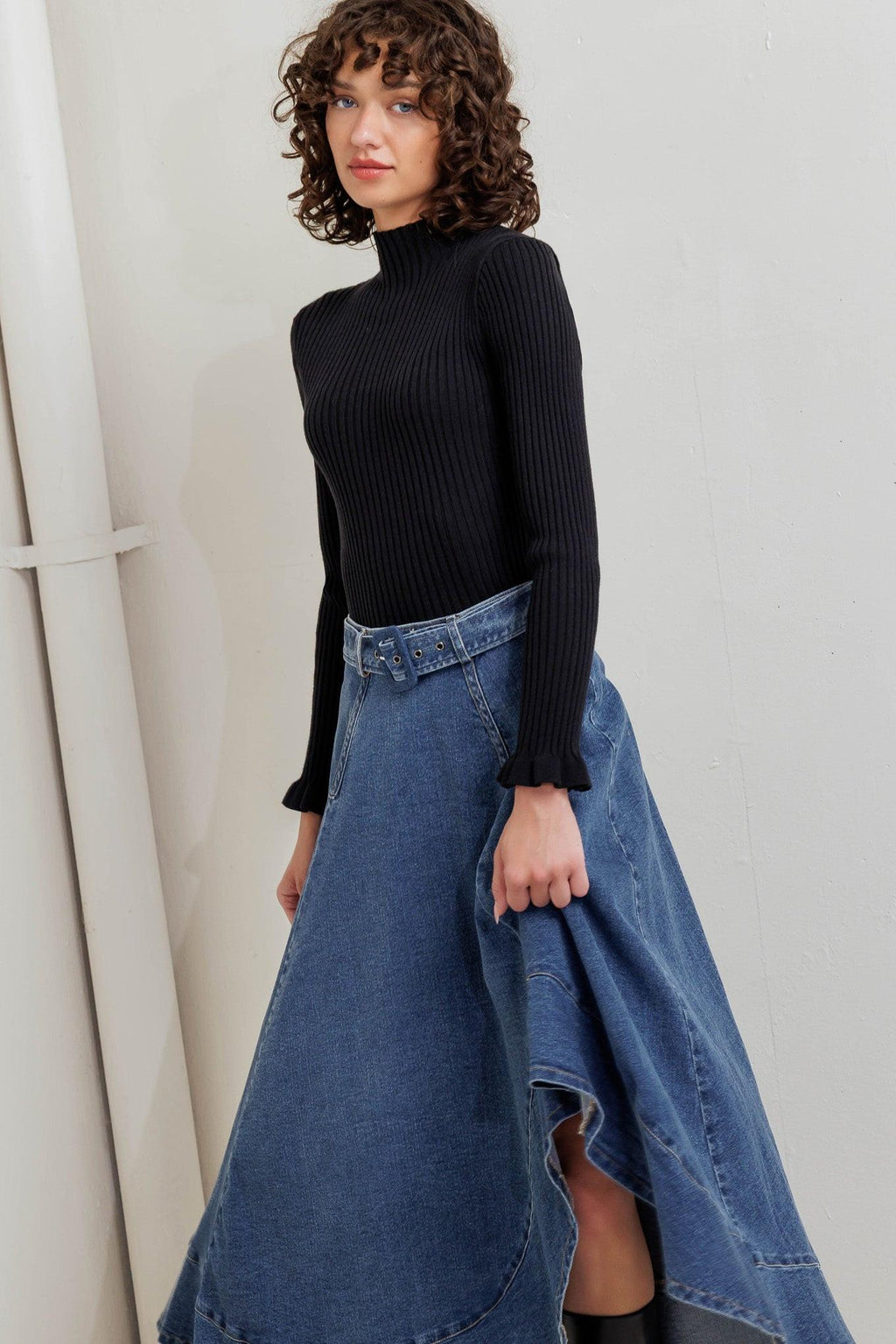 COWBOY CURVE DENIM MIDI SKIRT Flying Tomato