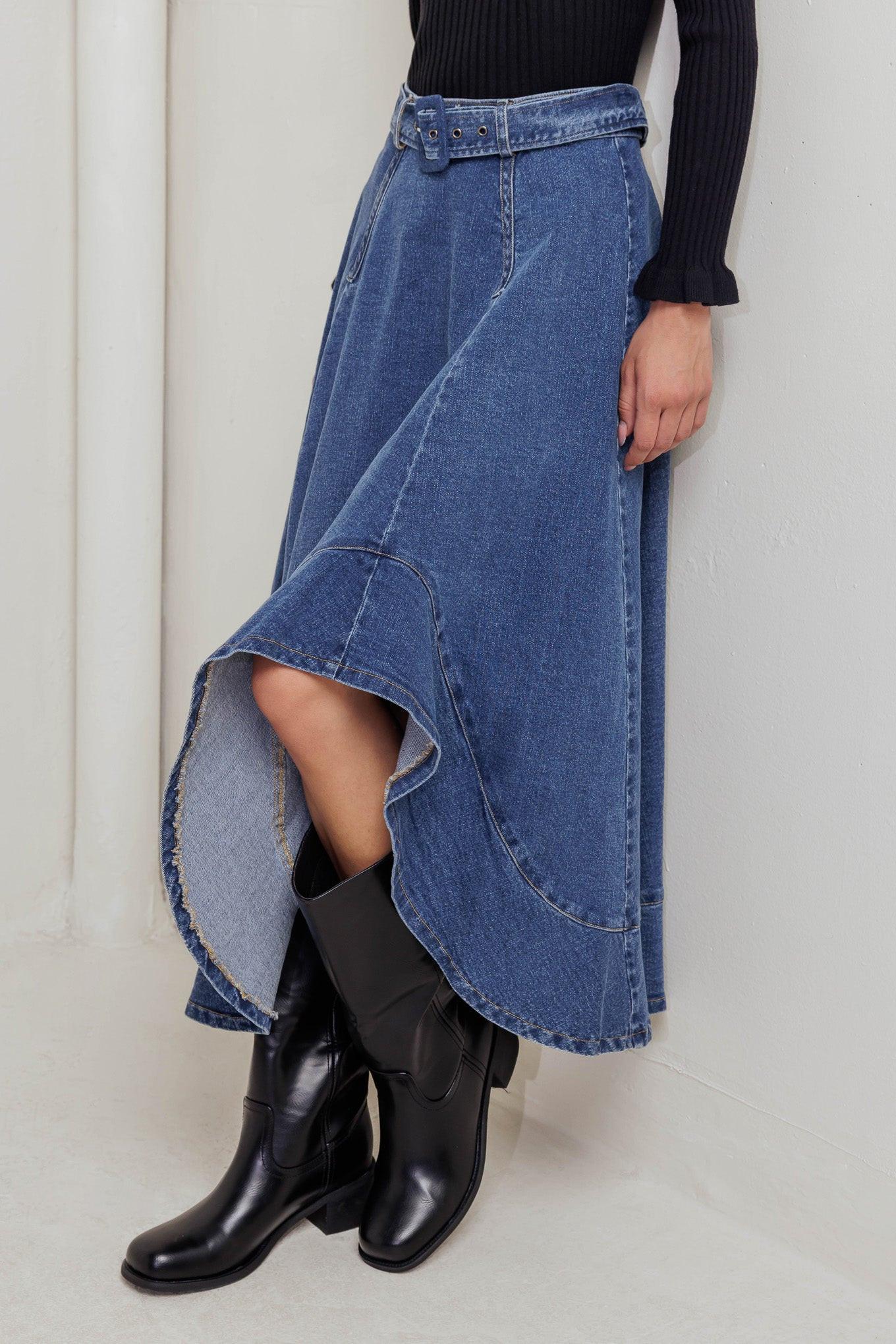 COWBOY CURVE DENIM MIDI SKIRT Flying Tomato