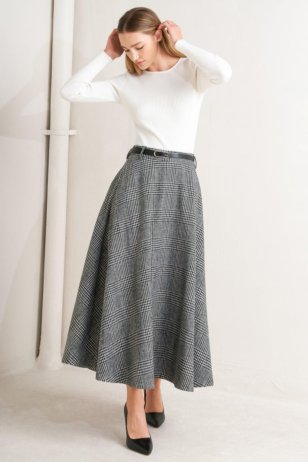 CITY CHECKLINE WOOLEN WOVEN MIDI SKIRT Flying Tomato