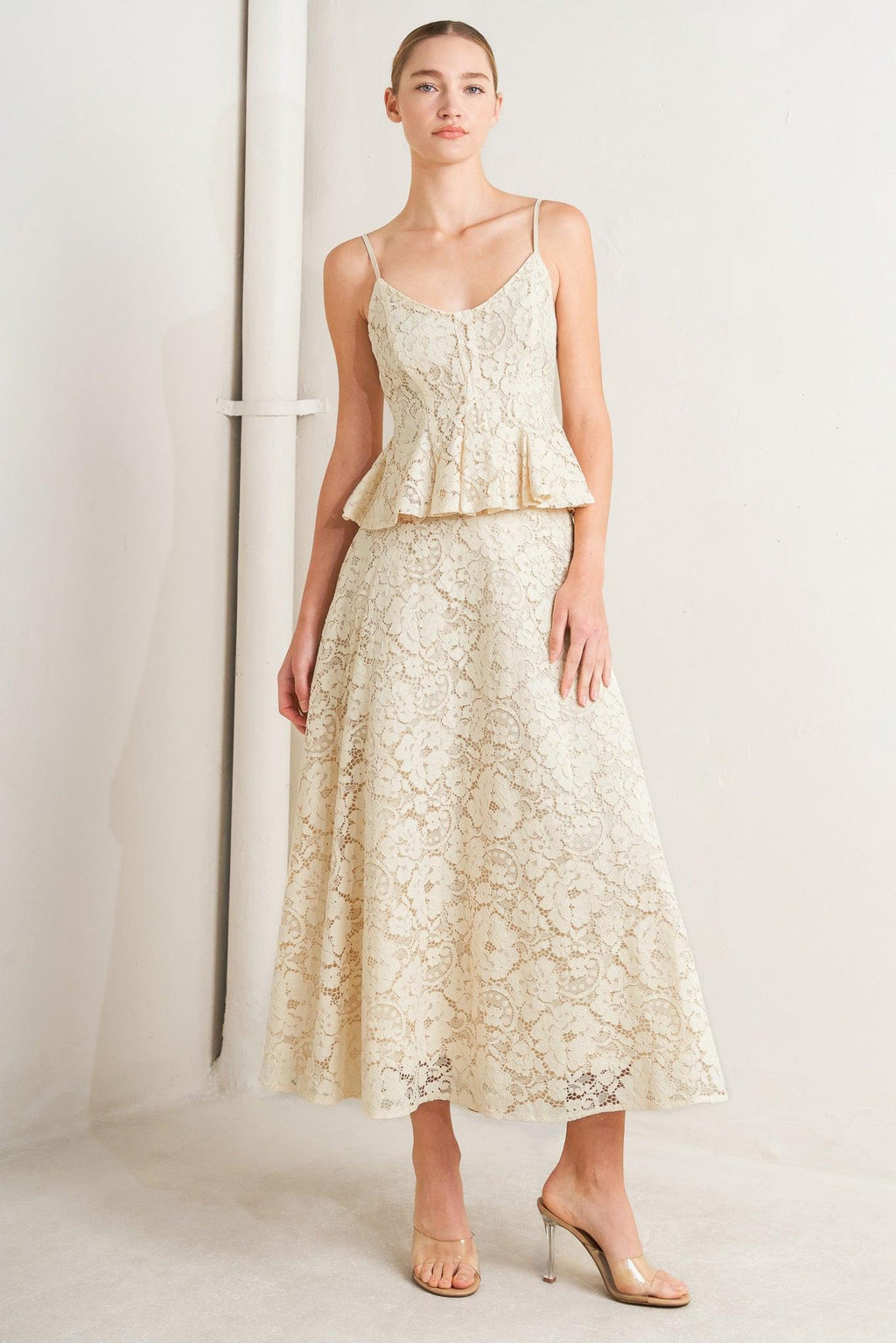 PURELY ROMANTIC WOVEN LACE MIDI SKIRT Flying Tomato
