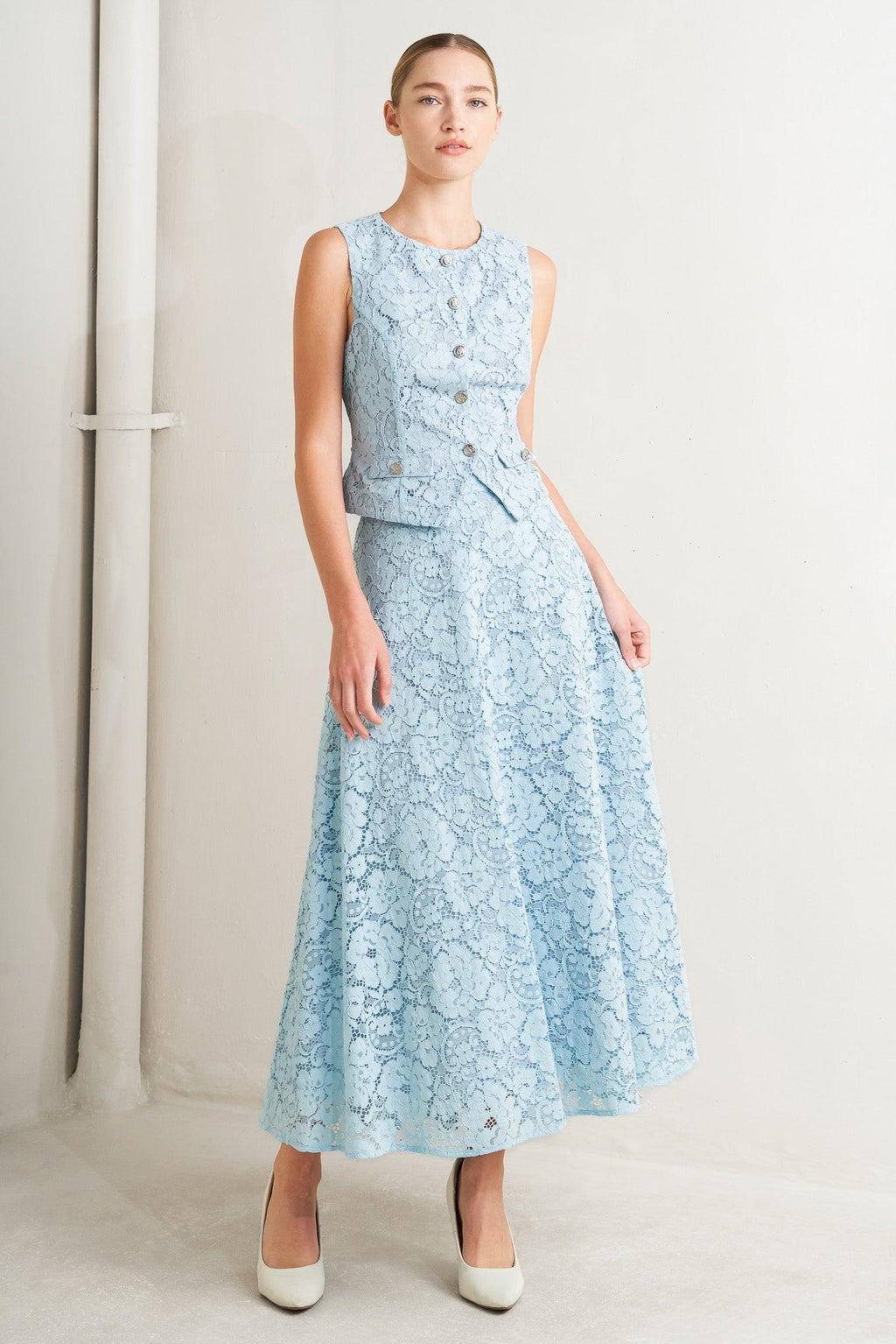 PURELY ROMANTIC WOVEN LACE MIDI SKIRT Flying Tomato
