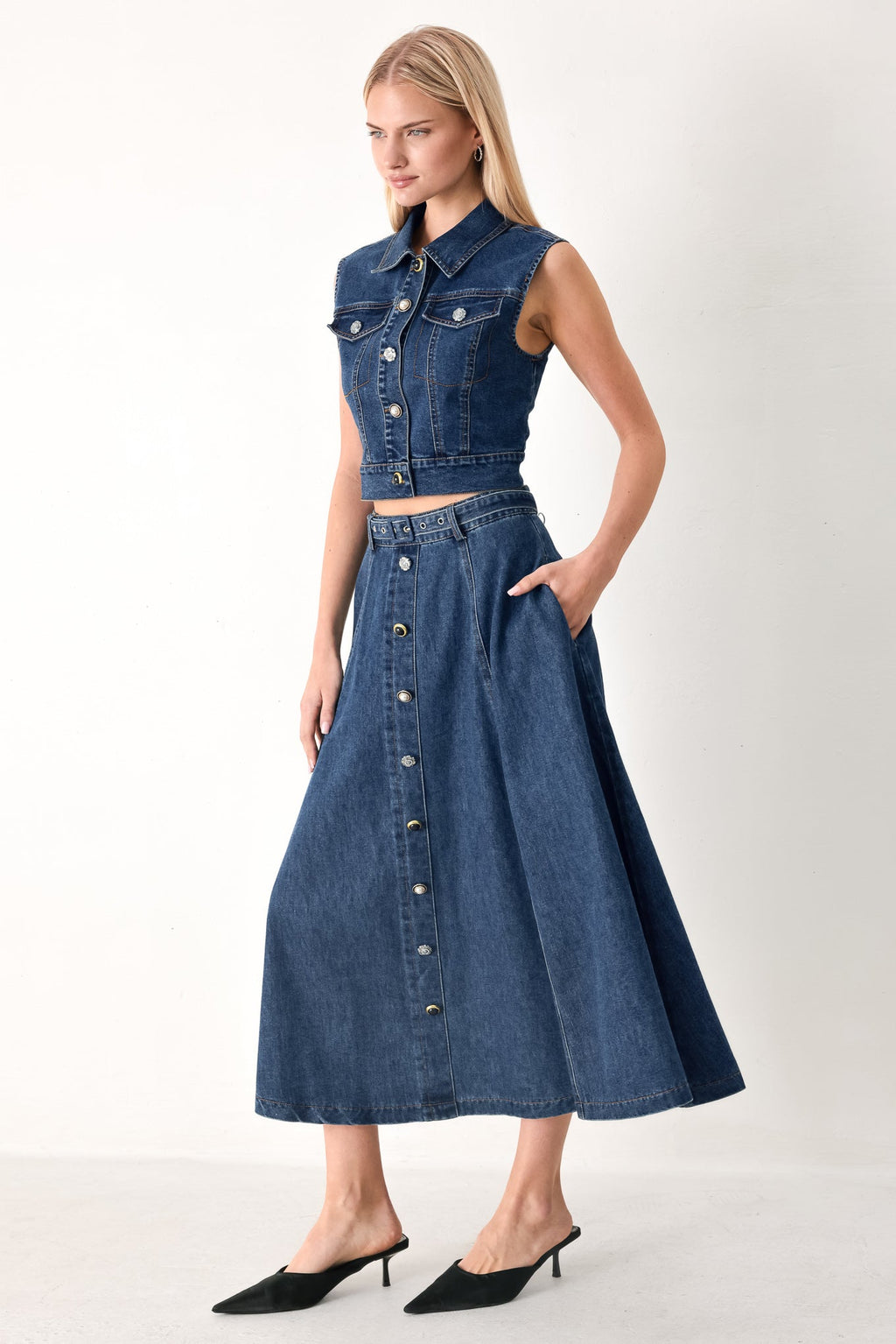 SWEET TALKER DENIM CIRCLE MIDI SKIRT Flying Tomato