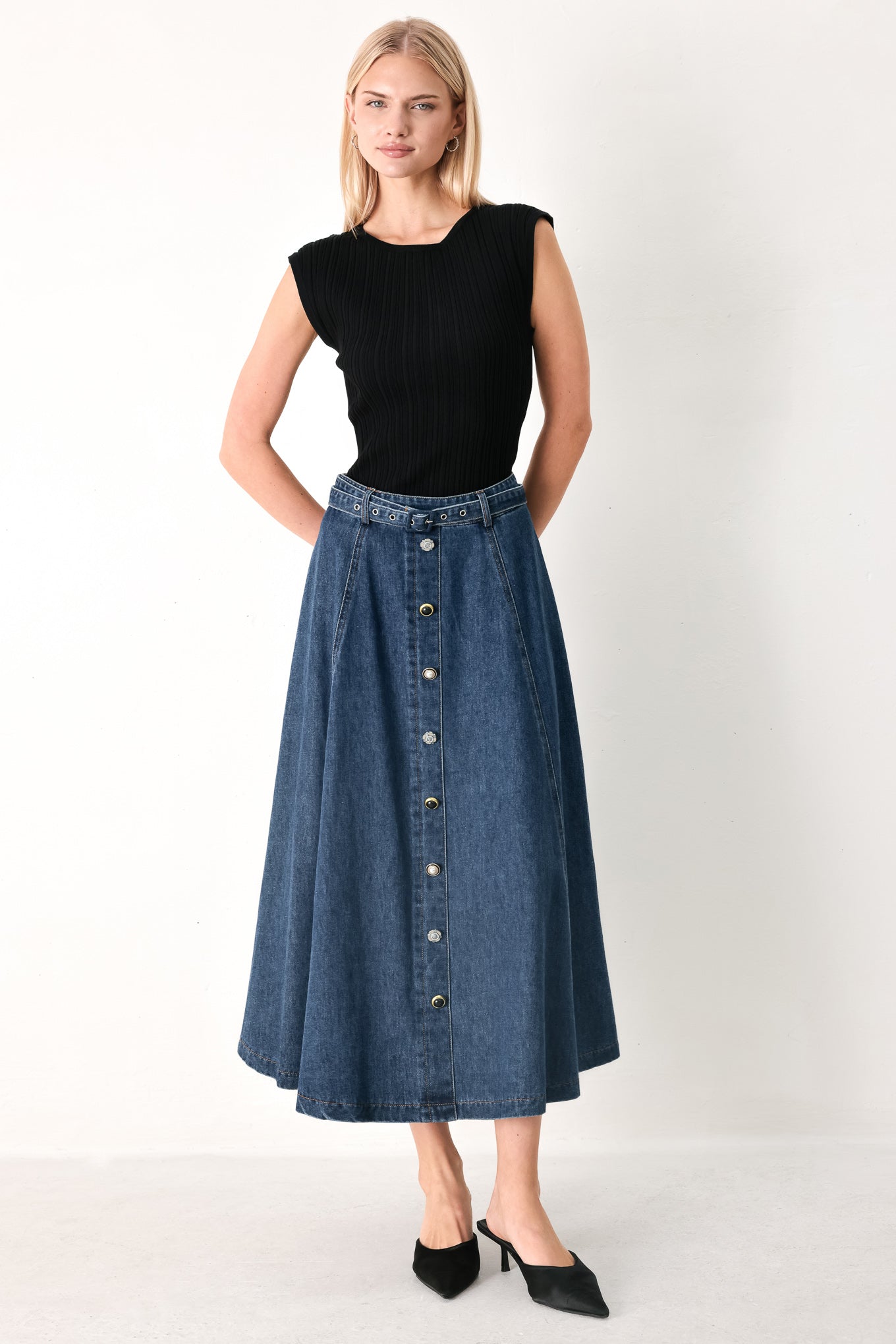 SWEET TALKER DENIM CIRCLE MIDI SKIRT Flying Tomato