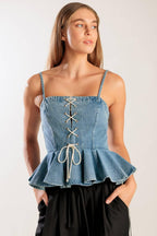 GRAND ENTRANCE INDIGO DENIM TOP Flying Tomato