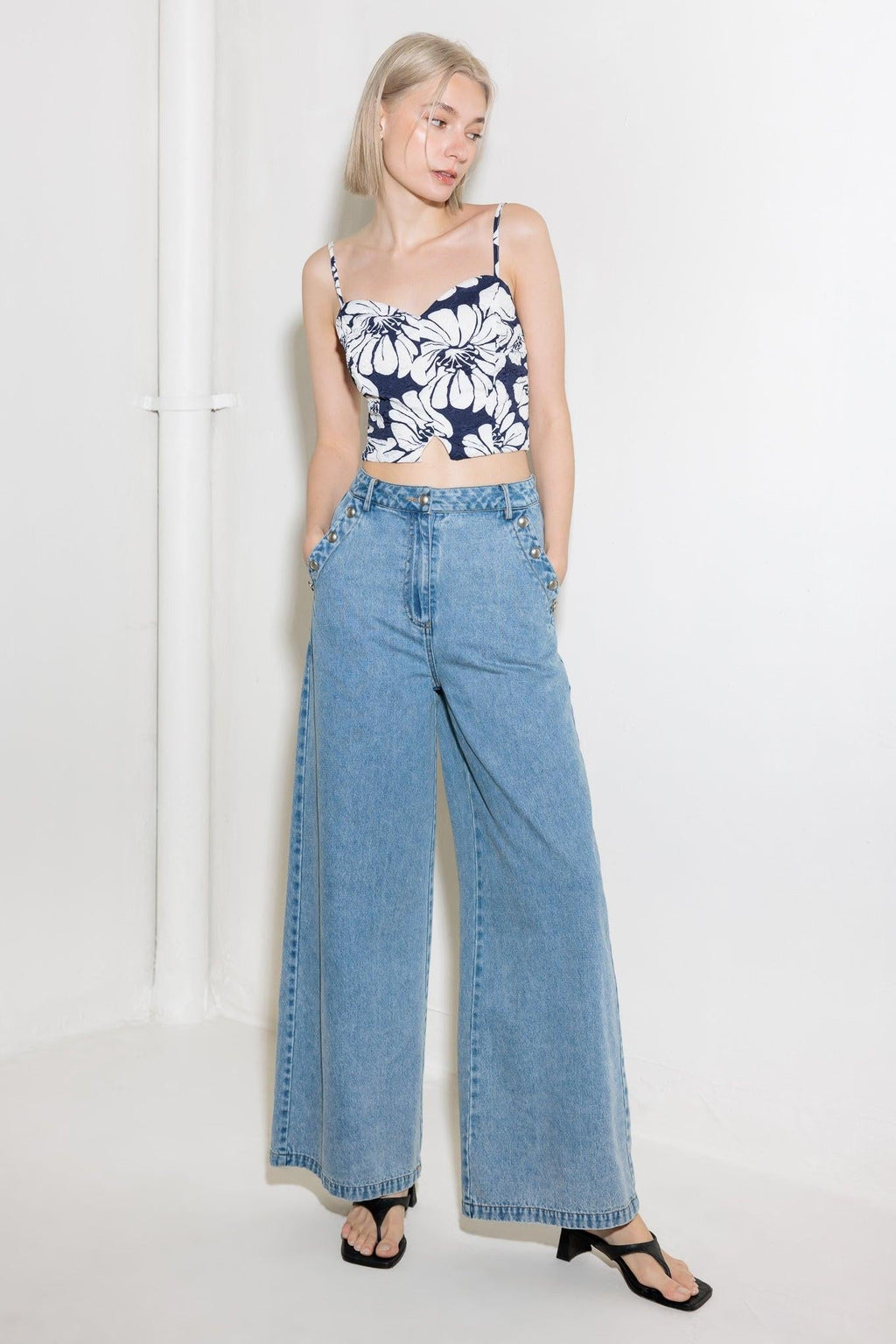 PLAIN OPTIMISM NAVY WOVEN CROP TOP Flying Tomato