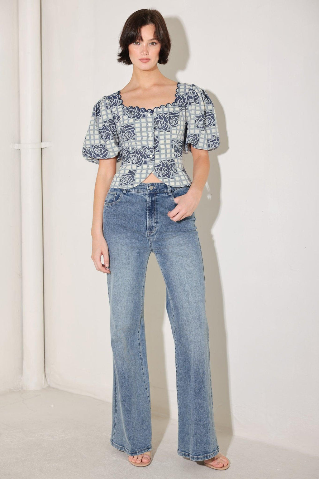 SWEET CHECK ROMANCE WOVEN JACQUARD TOP Flying Tomato