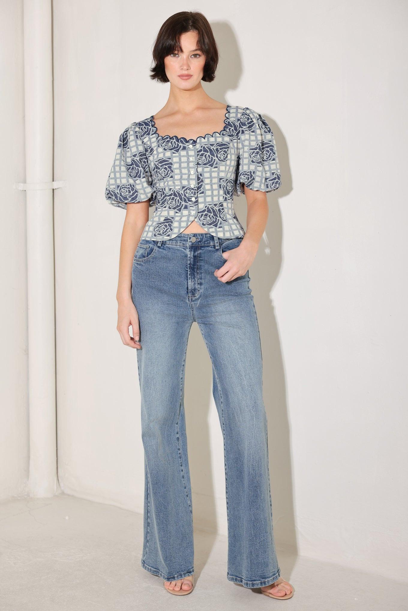 SWEET CHECK ROMANCE WOVEN JACQUARD TOP Flying Tomato