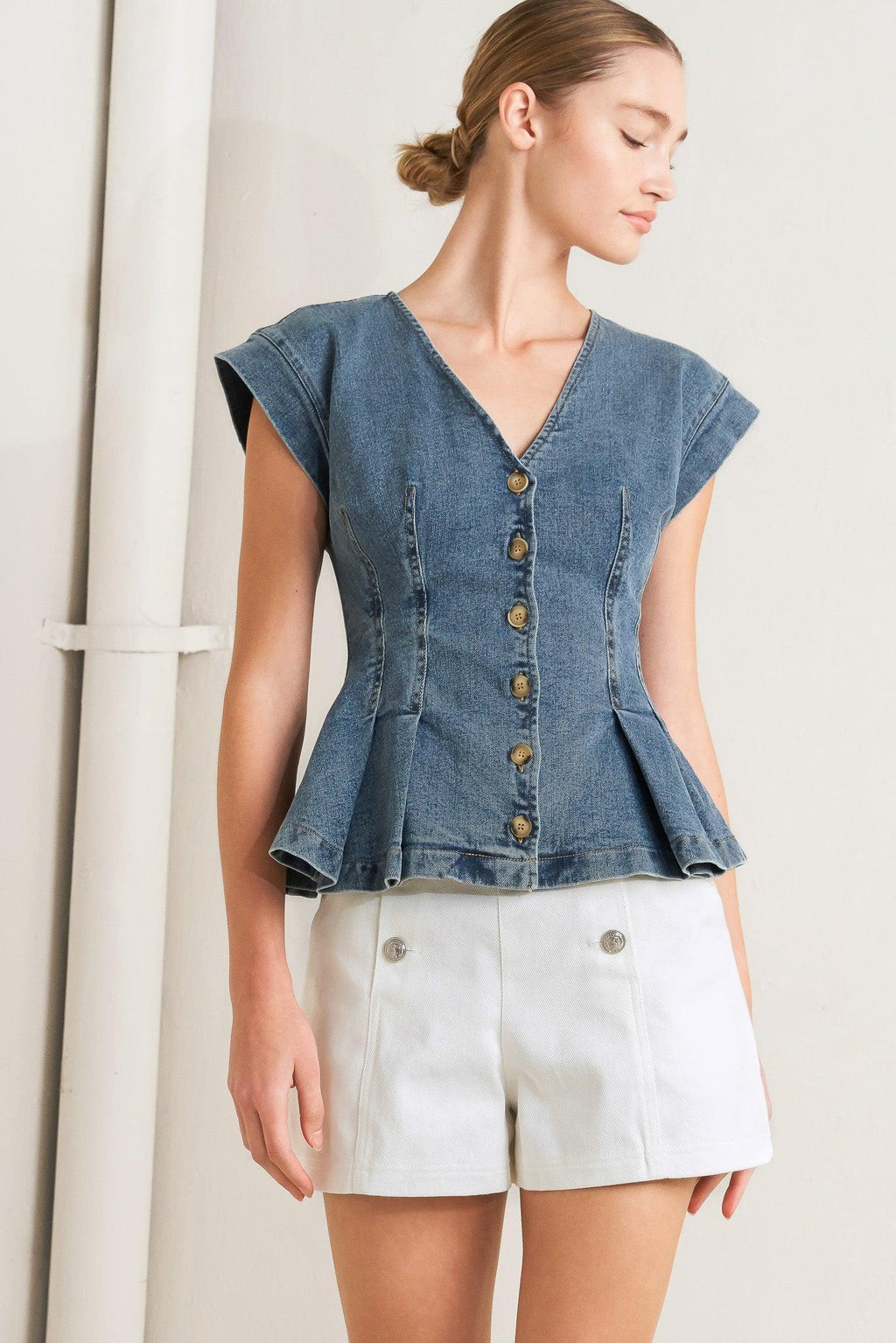 NO SECOND THOUGHT WASHED DENIM TOP Flying Tomato