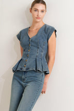 NO SECOND THOUGHT WASHED DENIM TOP Flying Tomato
